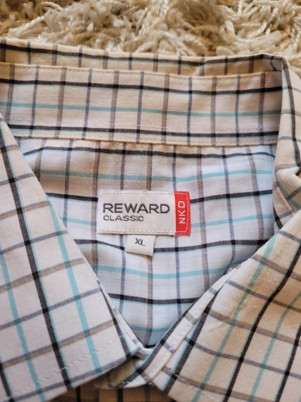 Men's Plaid Button-Up Shirt - White with Teal and Black Check